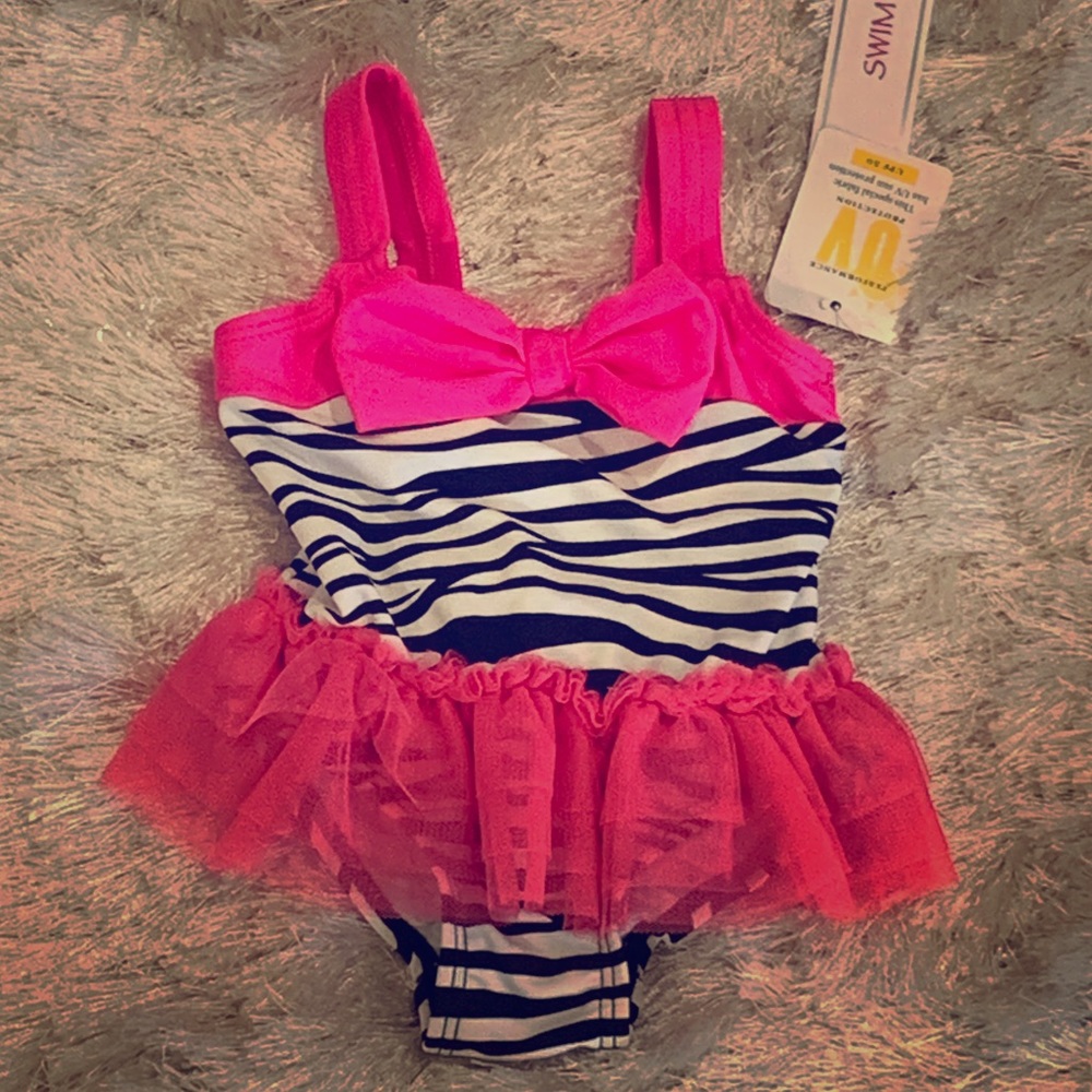 Swim Suit Black and White Zebra with Pink Tutu